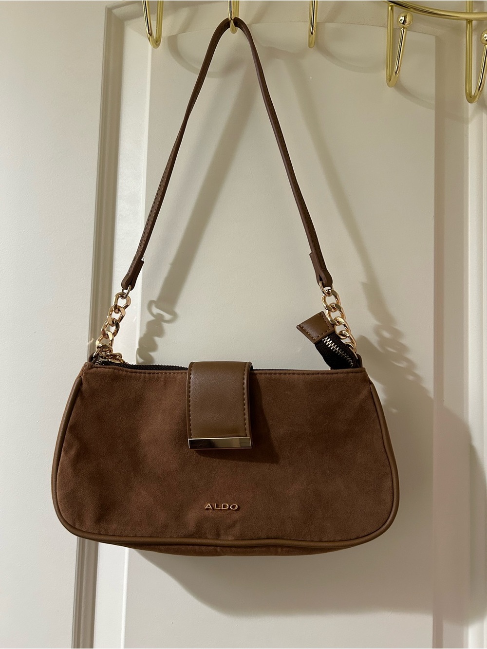 Aldo Chocolate Brown Suede Shoulder Bag with Gold Chain